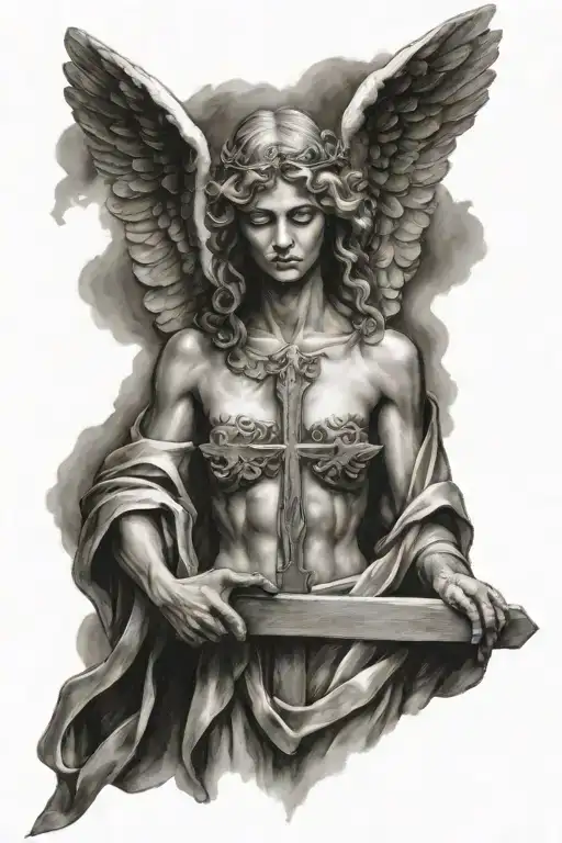 Angel holding a cross tattoo design idea