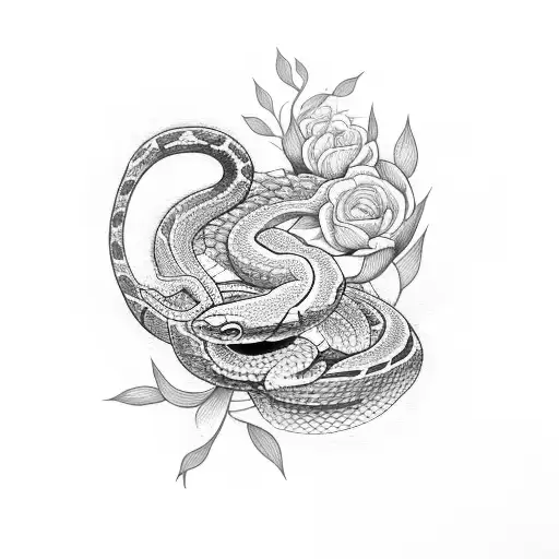 A snake shedding its skin, transforming into a blooming flower, with a yoga pose incorporated into the design tattoo design idea