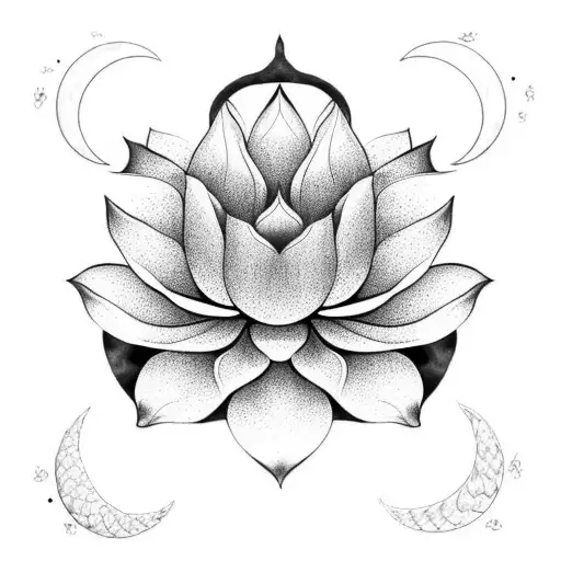 A lotus flower blooming under a crescent moon, with a snake slithering through the petals tattoo design idea