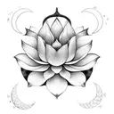 A lotus flower blooming under a crescent moon, with a snake slithering through the petals tattoo design idea