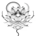 A lotus flower blooming under a crescent moon, with a snake slithering through the petals tattoo design idea