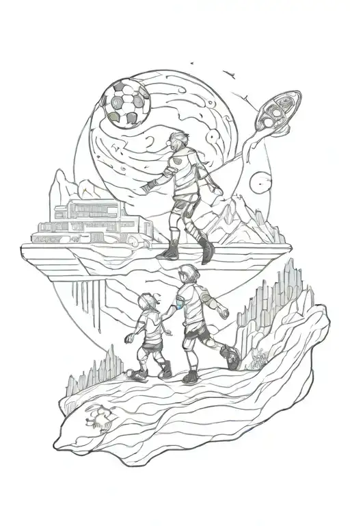 Outer space then flows into mountains then flows into a soccer stadium with a silhouette of a dad and son tattoo design idea