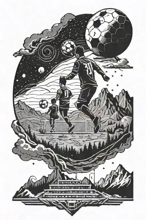 Outer space then flows into mountains then flows into a soccer stadium with a silhouette of a dad and son tattoo design idea