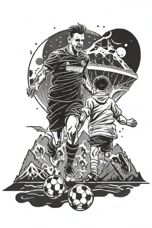 Outer space, mountains, soccer stadium, silhouette of a dad and son tattoo design idea