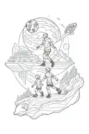 Outer space then flows into mountains then flows into a soccer stadium with a silhouette of a dad and son tattoo design idea