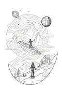 Outer space then flows into mountains then flows into a soccer stadium with a silhouette of a dad and son tattoo design idea