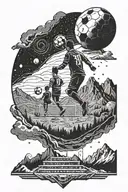 Outer space then flows into mountains then flows into a soccer stadium with a silhouette of a dad and son tattoo design idea