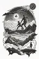 Outer space then flows into mountains then flows into a soccer stadium with a silhouette of a dad and son tattoo design idea