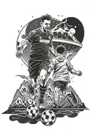 Outer space, mountains, soccer stadium, silhouette of a dad and son tattoo design idea