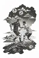Outer space, mountains, soccer stadium, silhouette of a dad and son tattoo design idea
