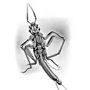 A realistic tattoo of a praying mantis blending with a skeletal hand tattoo design idea