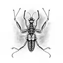 A realistic tattoo of a praying mantis blending with a skeletal hand tattoo design idea