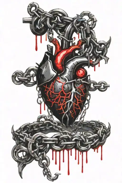 A heart wrapped in Gothic chains, with detailed textures and dark shading. The chains are intricate and ornate. tattoo design idea