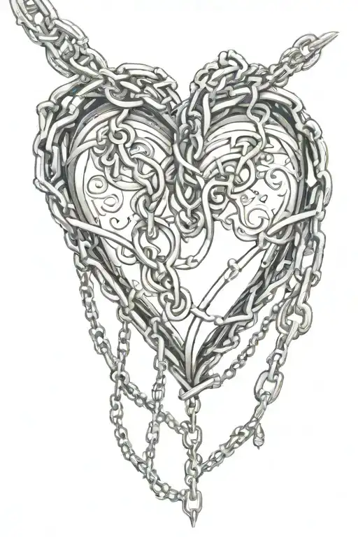 A heart wrapped in Gothic chains, with detailed textures and dark shading. The chains are intricate and ornate. tattoo design idea