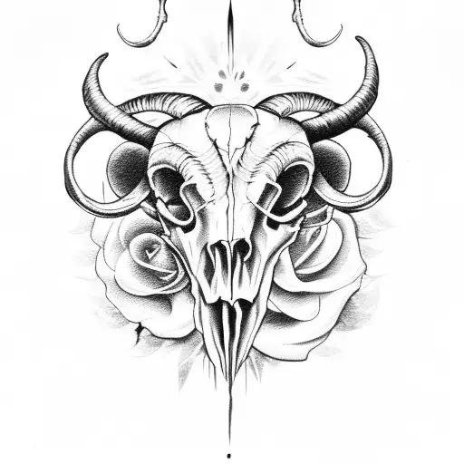 Ram Skull with flames and roses tattoo design idea