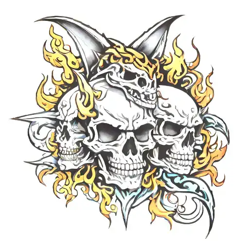 skulls sharks and flames tattoo design idea