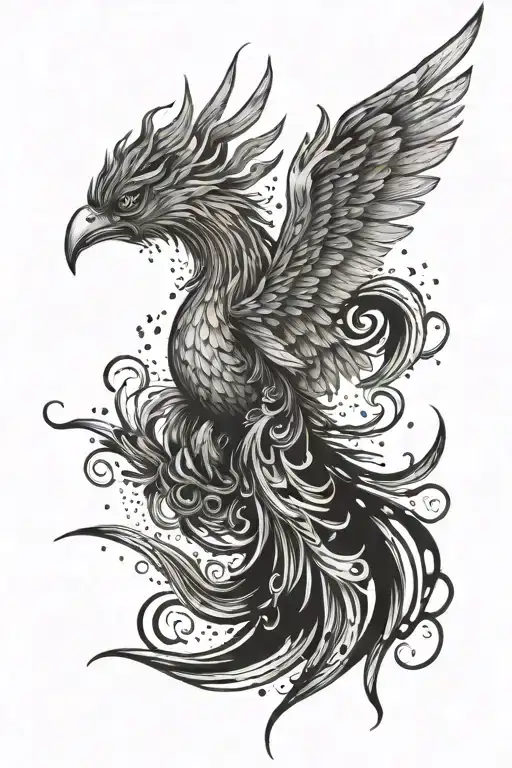 A mystical phoenix rising from the ashes against a backdrop of swirling winds tattoo design idea