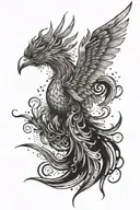 A mystical phoenix rising from the ashes against a backdrop of swirling winds tattoo design idea
