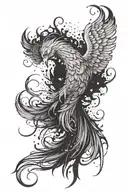 A mystical phoenix rising from the ashes against a backdrop of swirling winds tattoo design idea