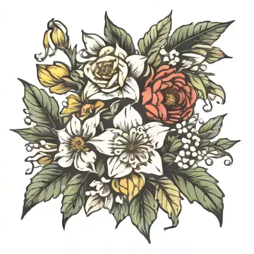 Daffodil, Jonquil, Carnation, Snowdrop, Chrysanthemum, Gladiolus, Poppy, Narcissus, Holly, sunflower and roses  tattoo design idea
