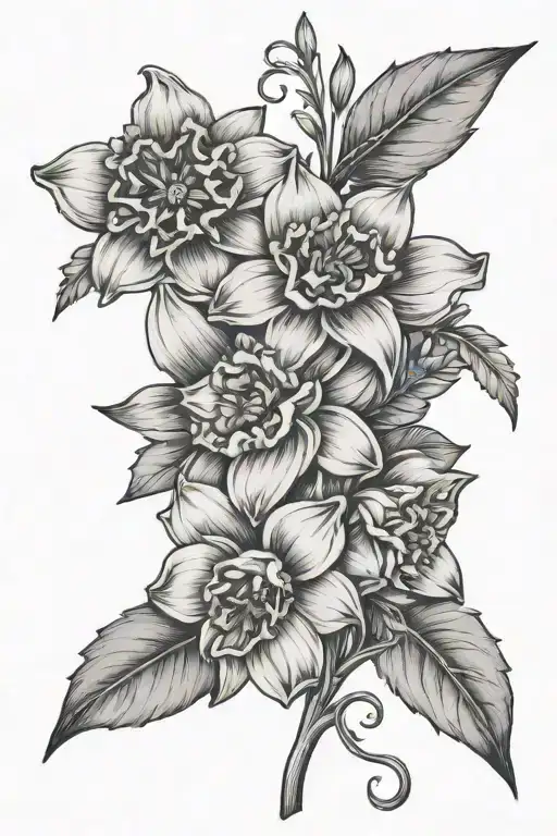 Daffodil, Jonquil, Carnation, Snowdrop, Chrysanthemum, Gladiolus, Poppy, Narcissus, Holly, sunflower and roses tattoo design idea