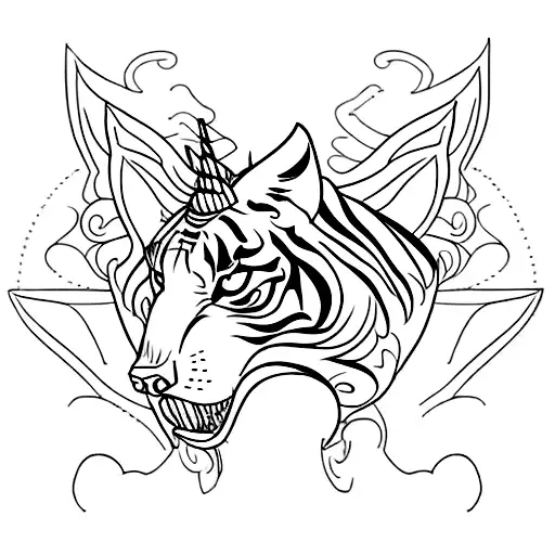 Tattoo of a monarch butterfly with five sections in her wings, resembling a tiger, a unicorn, a dragon, a wolf and a fai tattoo design idea
