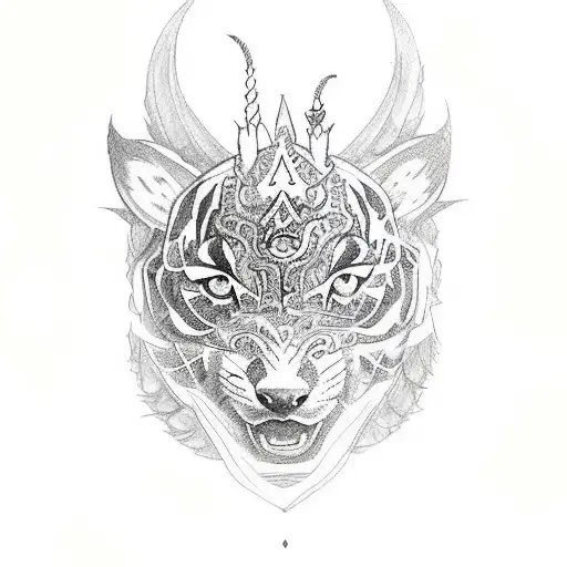 Tattoo of a monarch butterfly with five sections in her wings, resembling a tiger, a unicorn, a dragon, a wolf and a fai tattoo design idea