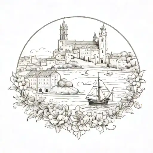 A tattoo design incorporating elements from Marseille, Sicilia, and Germany to represent the client's favorite places tattoo design idea