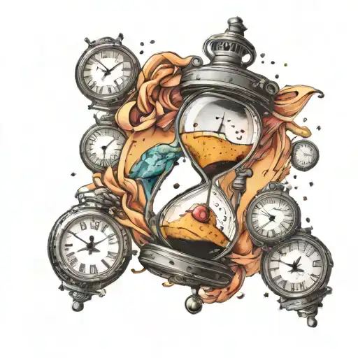 Hourglass floating in space with clocks hanging tattoo design idea