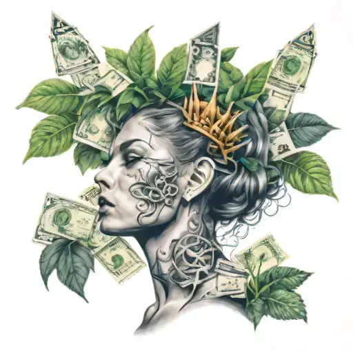 Women with crown on her head surrounded by money tree growing tattoo design idea