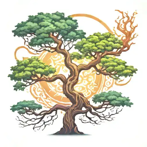 Air bender with all four elements intertwined on top of a beautiful tree tattoo design idea