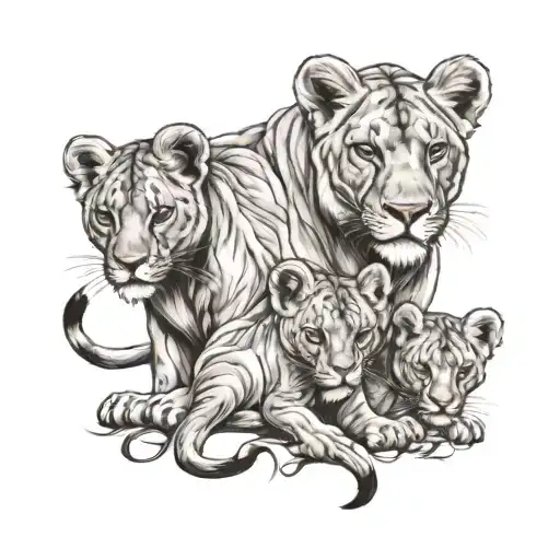 lioness with 2 cubs, one boy and one baby girl tattoo design idea