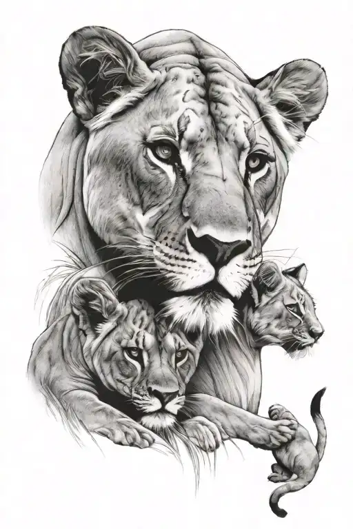 lioness with 2 cubs, one boy and one baby girl tattoo design idea