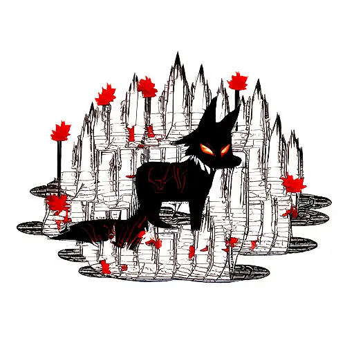 japanese lore,mostly black with red notes, animals, fox, mitsune, clean stripes, no deformations tattoo design idea