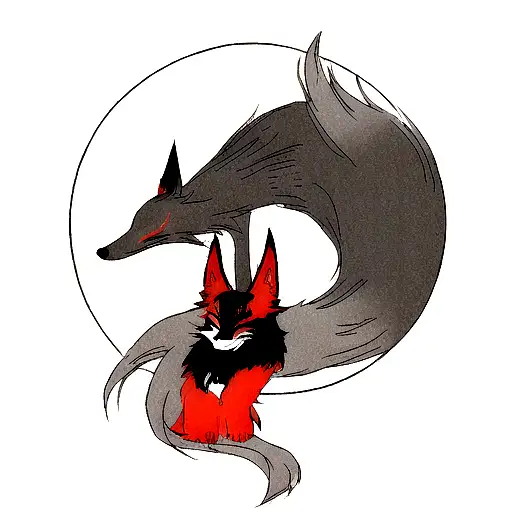 japanese lore,mostly black with red notes, animals, fox, mitsune tattoo design idea