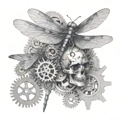 A dragonfly made of gears and mechanical parts, with a skull wearing a summer hat tattoo design idea