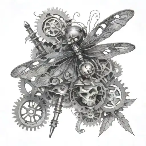 A dragonfly made of gears and mechanical parts, with a skull wearing a summer hat tattoo design idea