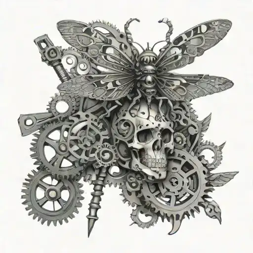A dragonfly made of gears and mechanical parts, with a skull wearing a summer hat tattoo design idea