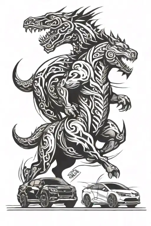 Lambo bull, Ferrari horse, Nissan Godzilla, vertical tattoo tattoo design idea
