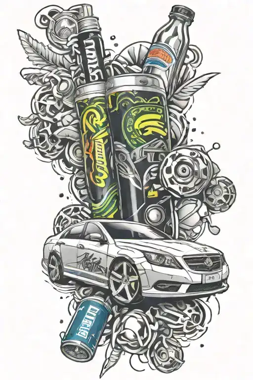 A reggaeton-inspired tattoo featuring a luxury car and energy drink elements tattoo design idea
