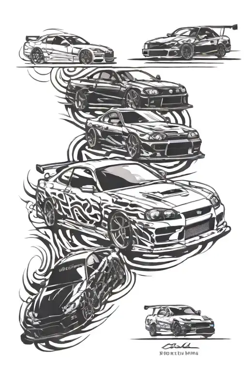 car sihllouets: gtr r34, a80 supra, Fd35 rx7 tattoo design idea