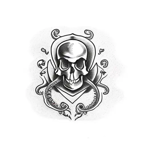 Hourglass with skull in bottom chamber and surrounded by traditional style dagger through rose dive helmet octopus heart tattoo design idea