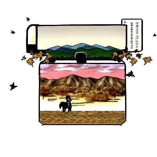 texas desert and leaves falling and mountains in the back with a horse and a nintendo DS game card tattoo design idea