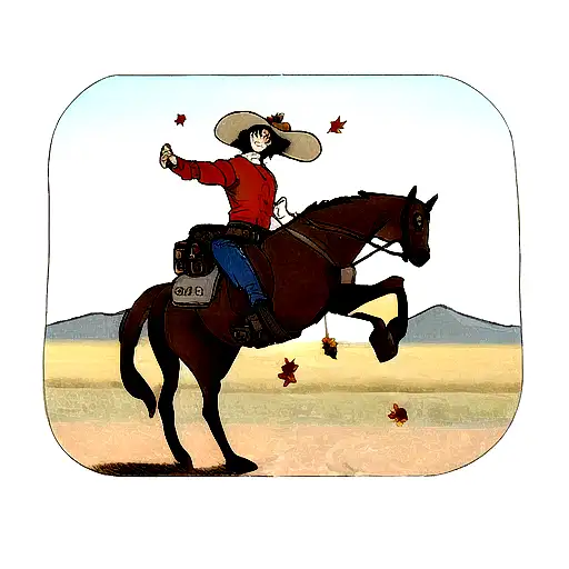 texas desert with a cowboy on a horse and falling leaves and mountains in the back and a nintendo DS game card tattoo design idea