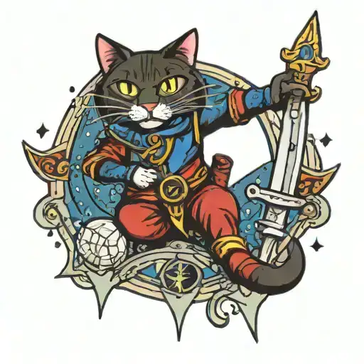 A celestial scene with a cat, a dagger, and the year 2002 intertwined in the design tattoo design idea
