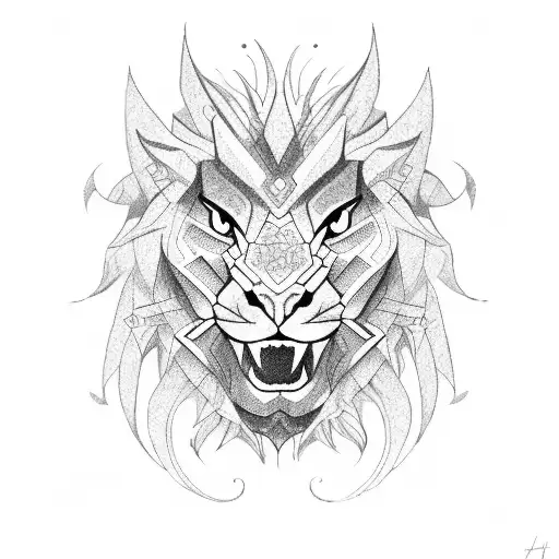 dragon with lion geometric  tattoo design idea