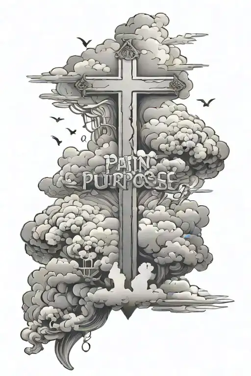 clouds background with a it saying Our pain has a purpose and under it saying Romans 5:3-5 then 3 crosses at bottom  tattoo design idea