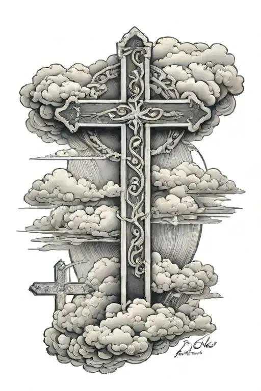 clouds background with a quote saying Our pain has a purpose and under it saying Romans 5:3-5 then 3 crosses at bottom  tattoo design idea