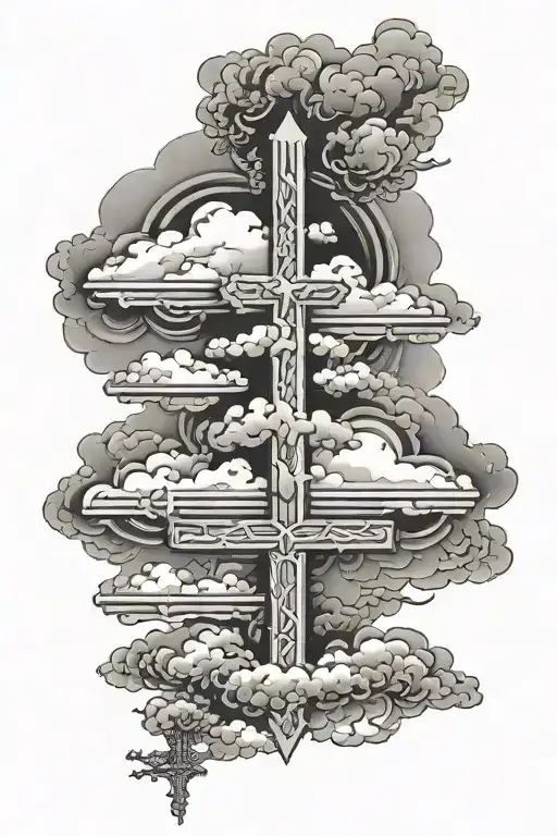 clouds background with a it saying Our pain has a purpose and under it saying Romans 5:3-5 then 3 crosses at bottom  tattoo design idea