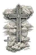 clouds background with a quote saying Our pain has a purpose and under it saying Romans 5:3-5 then 3 crosses at bottom  tattoo design idea